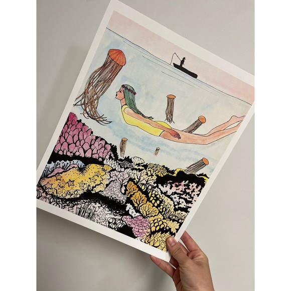 Diver Underwater Seascape 11”x14”Watercolor Print - Picture 3 of 4